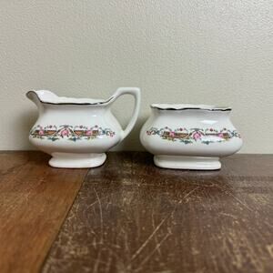 1930s WS George LIDO White Creamer‎ & Sugar Bowl Pink Roses Silver Platinum Trim